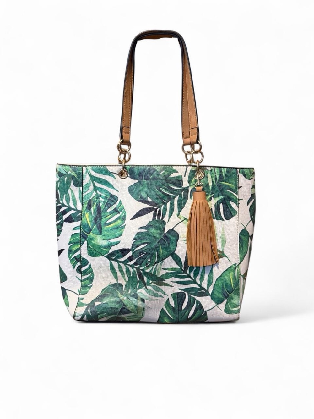 Mossimo Supply Co. Green Leaf Print Tote with Tan Tassel